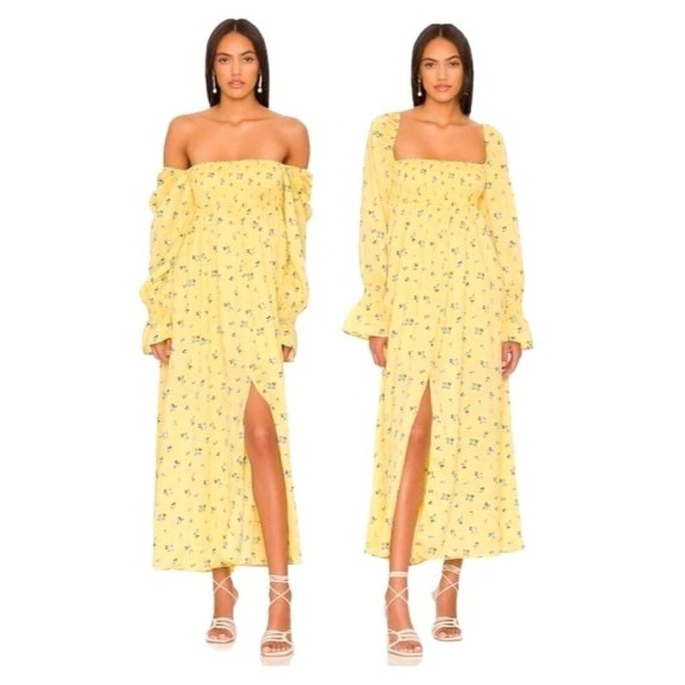 WEWOREWHAT Yellow Floral Print On Off Shoulder Smocked Boho Maxi Dress‎ S NWT